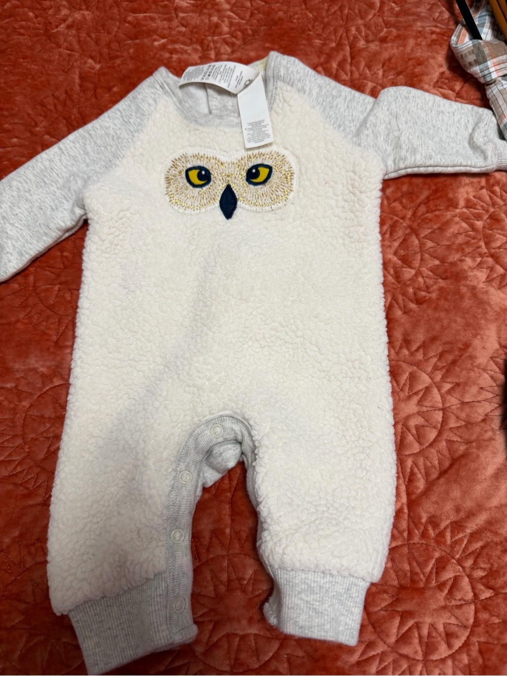 Baby Boden Harry Potter Cream & Gray Owl Sherpa One-Piece